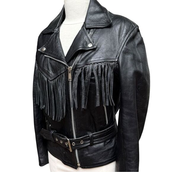 Vintage Hudson Leather Fringed Leather Motorcycle Jacket Black Biker size Small - Picture 1 of 10